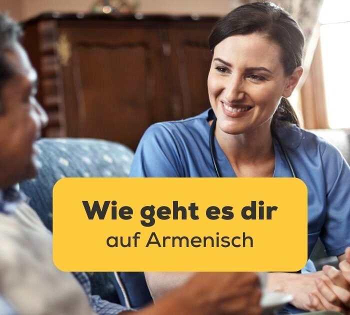 Brünette Frau frägt älteren Herren Wie geht es dir auf Armenisch nachdem sie es mit der Ling-App gelernt hat