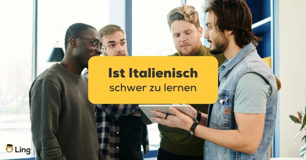 Studenten stehen gemeinsam und wollen wissen Ist Italienisch schwer zu lernen mit der Ling-App