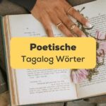 Offenes Buch mit Blumen auf der Seite und Büchern daneben poetische Tagalog Wörter